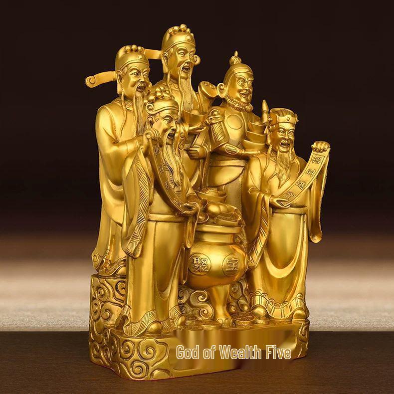 Large Bronze Five Gods of Wealth Figurine for Home or Office Worship