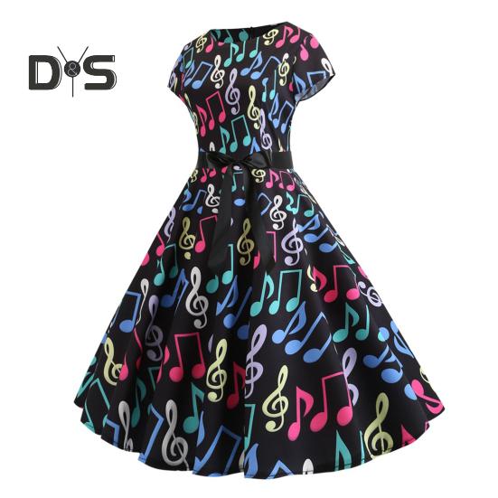 Damenkleid mit Musikskalen-Print, Rundhalsausschnitt, Schleife, Gürtel, enge Taille, A-Linie, großer Saum, bunt, kurze Ärmel, Reißverschluss auf der Rückseite, Midikleid für Damen