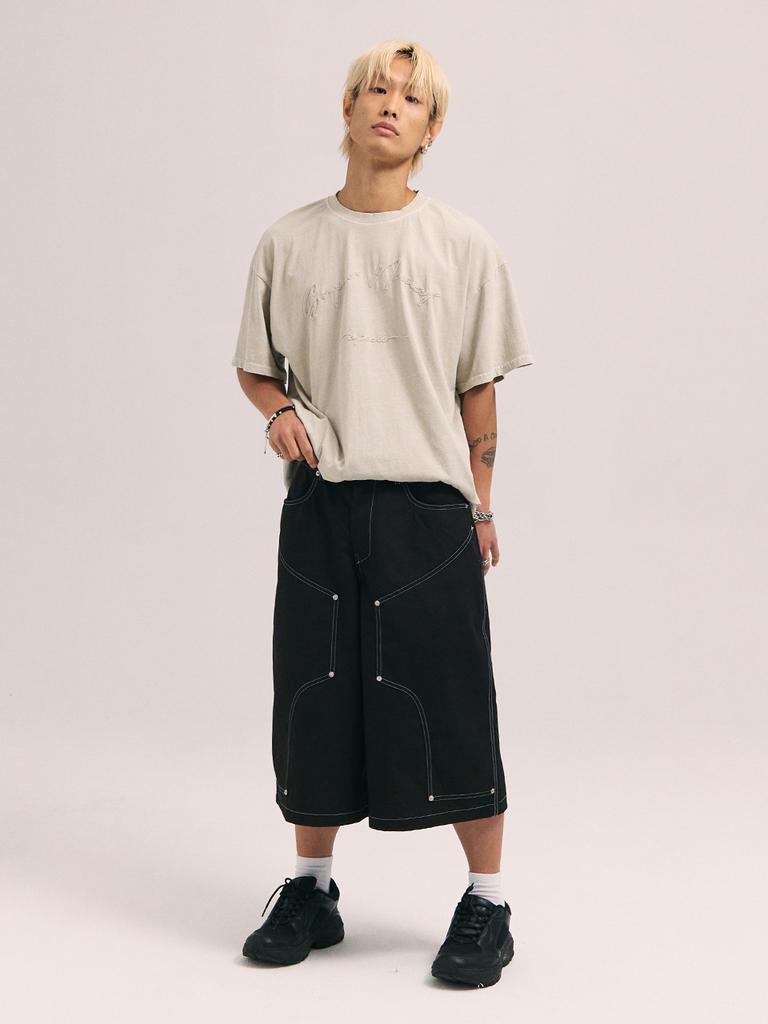 Akesi Super Normal Chain Embroidery Pigment Short Sleeve T-Shirt - Cream