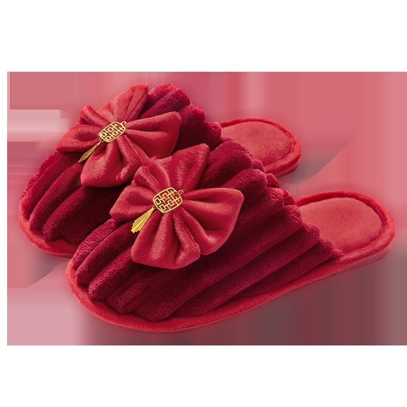 Lidani wedding slippers female autumn and winter couple festive red pair home warm non-slip wedding cotton mop