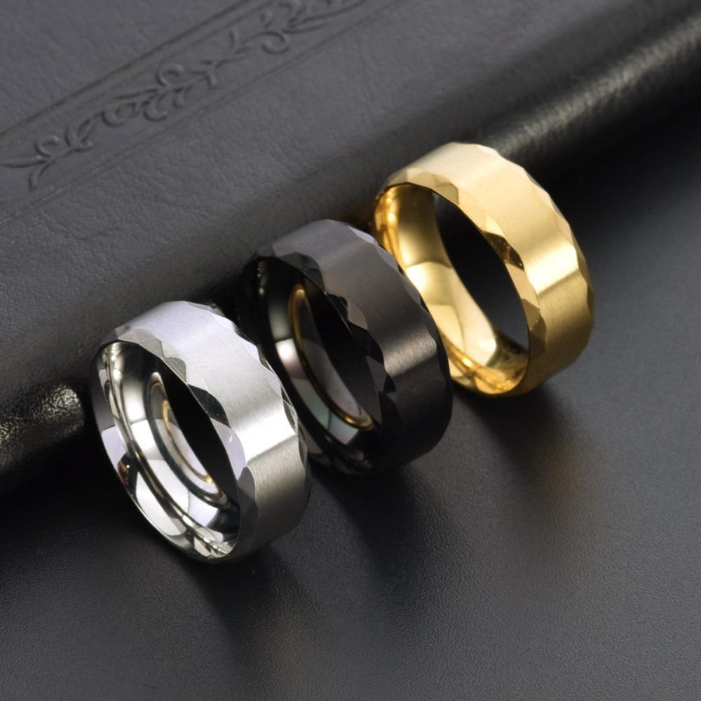 8MM Wide Mens Titanium Steel Ring Multi Faceted Edge Brushed Finish Minimalist Jewelry