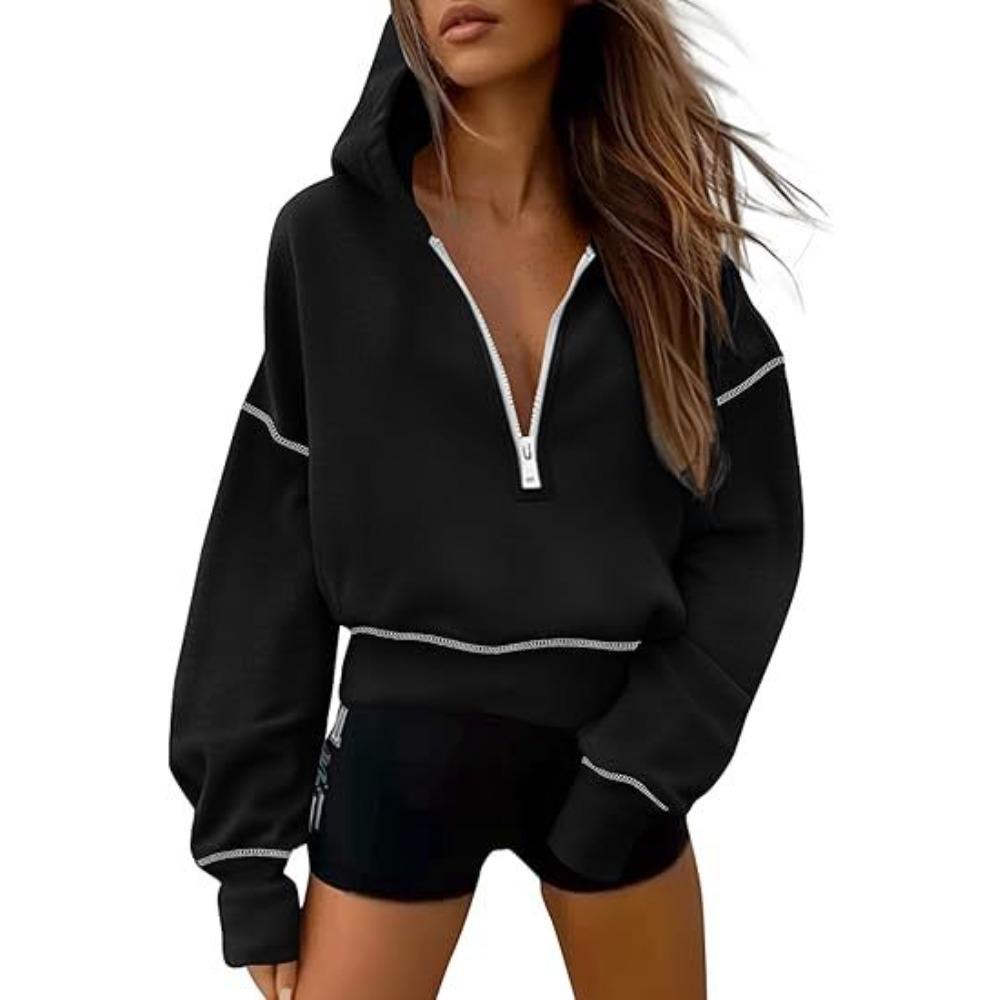 Women s Hood Neck Long Sleeve Half Zip Cropped Hoodie Loose Fit Casual Sweatshirt S чёрный