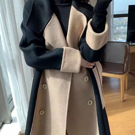 Women Winter Overcoat Turn-down Collar Pockets Contrast Color Double-breasted with Belt Loose Fit Coat Thermal Long Sleeved Commuting Dating