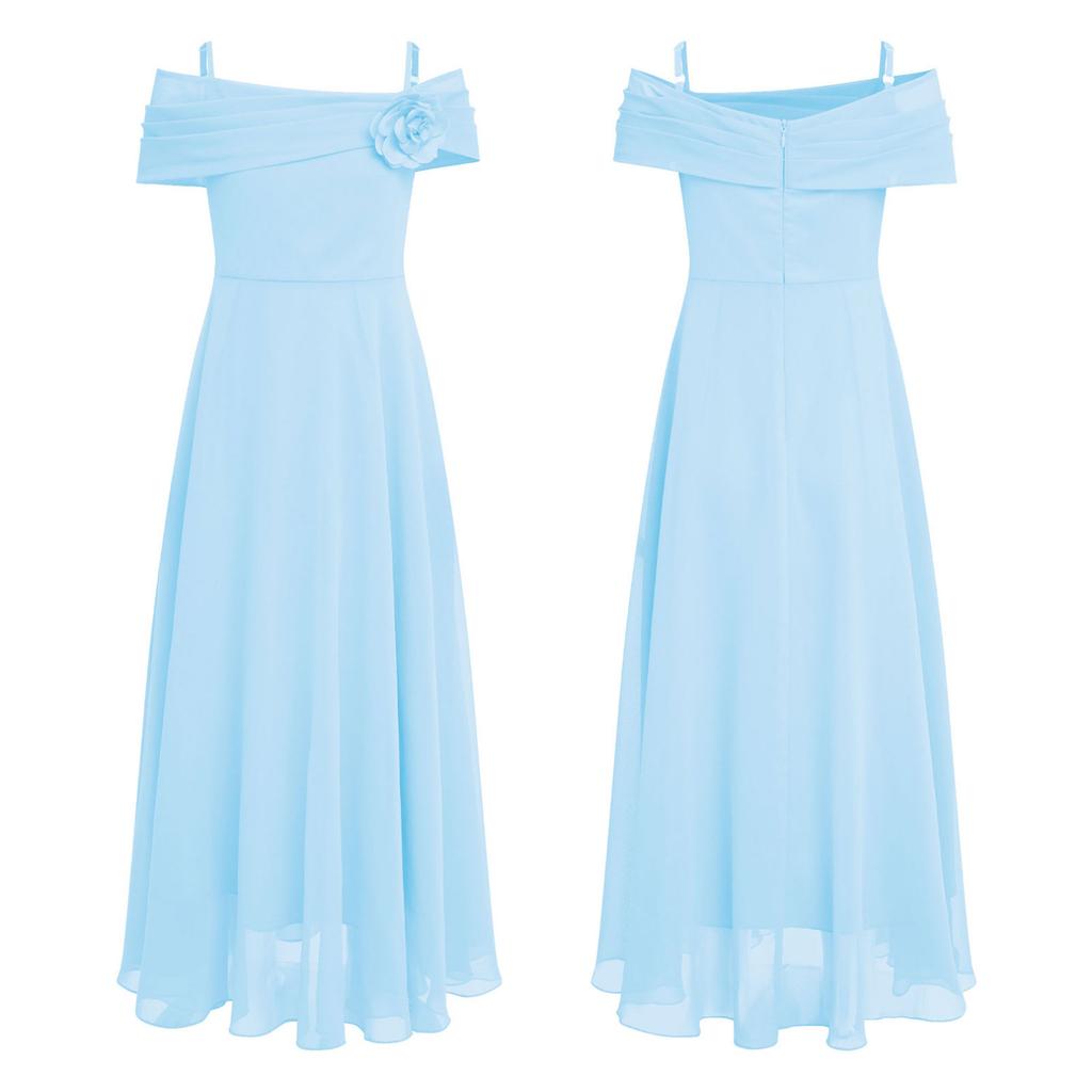 Dětské Dívčí Elegantní společenské šaty s 3D květinovou nášivkou nařasené šifonové šaty do A pro družičky narozeninové plesy