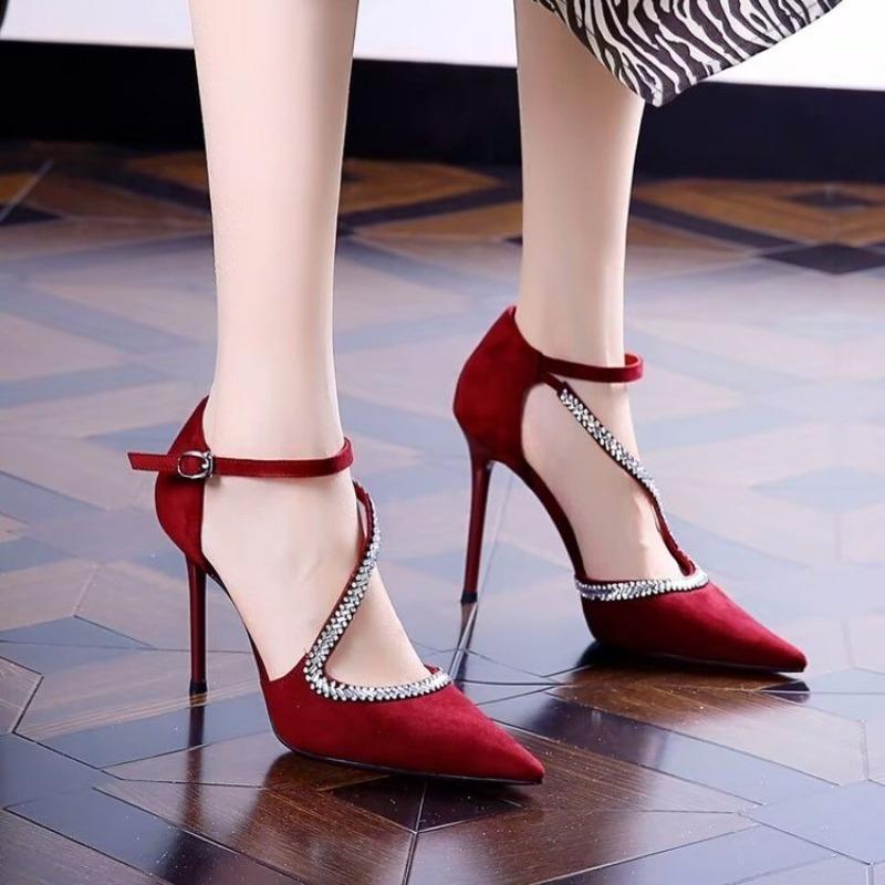 Fashion 9cm sexy rhinestone suede single button S with pointed toe banquet high heels for women 2025 new slim and hollow single shoes