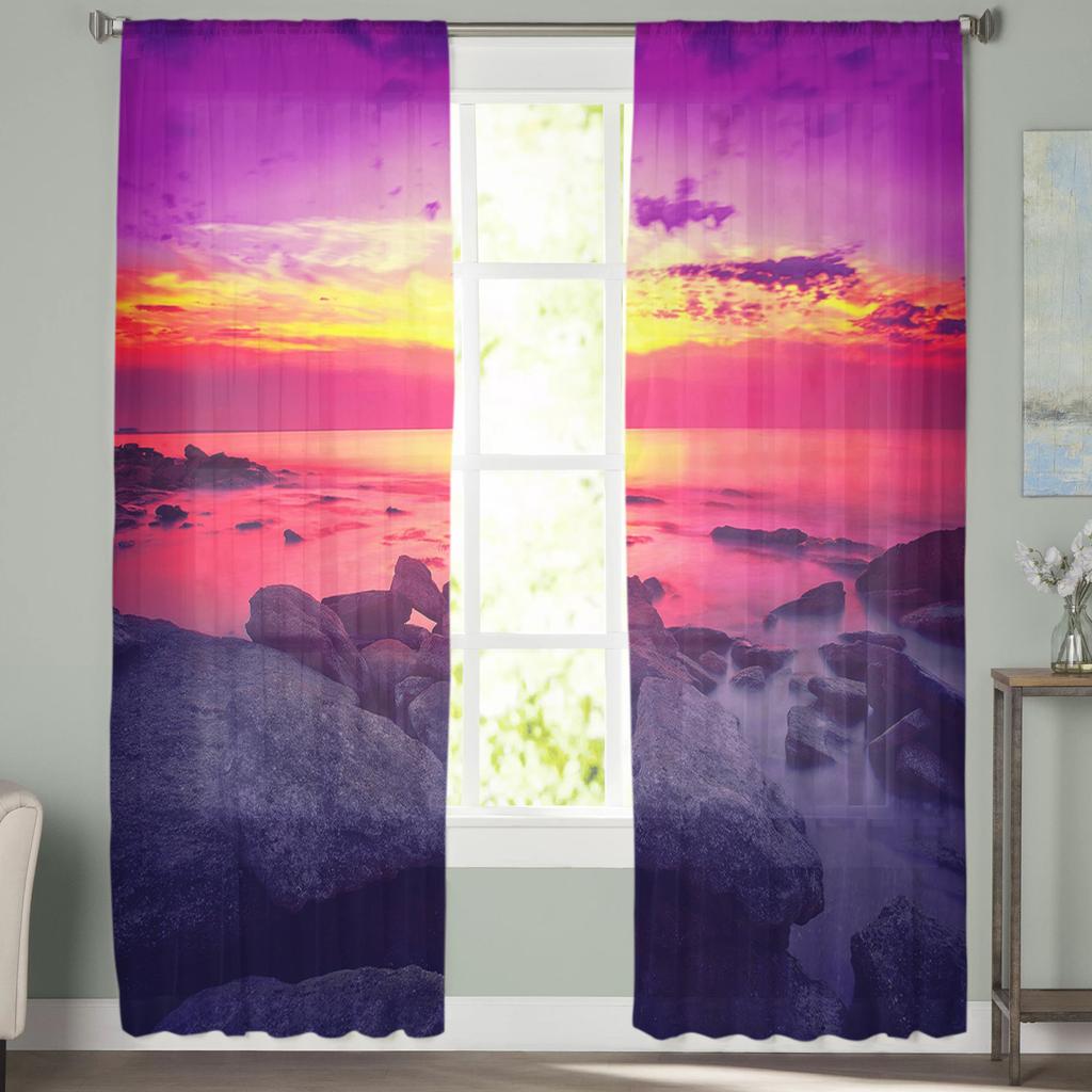 Seaside Beach Sunset Dusk Modern Tulle Curtains For Living Room Bedroom Home Kitchen Window Sheer Curtains