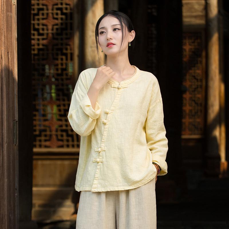 Johnature Women Vintage Shirts Stand Long Sleeve Button Solid Color Blouses Autumn Loose Female Shirts Top
