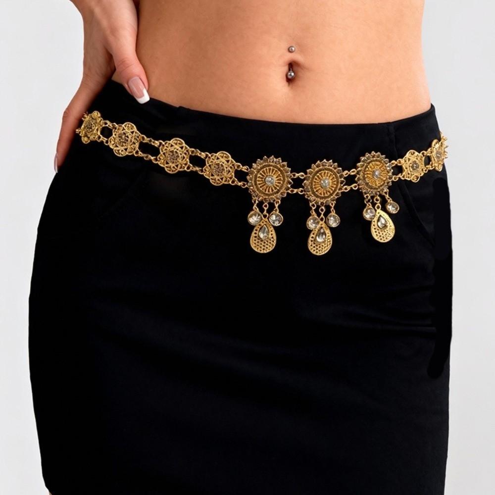 Metal Flower Waist Chain Rhinestone Hollow Out Belt Vintage Belly Chains  Dance Dress