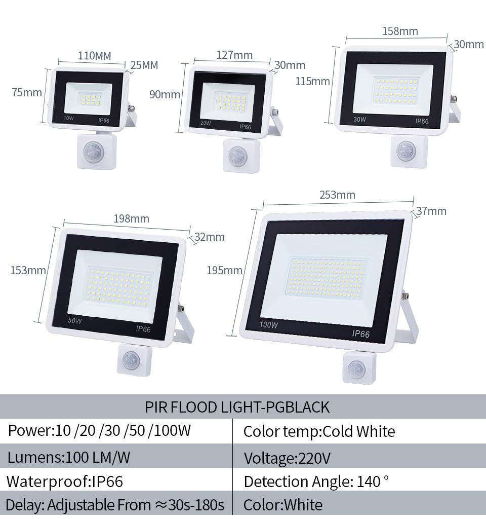LED Floodlight PIR Motion Sensor 220V 10W 20W 30W 50W 100W Cold Warm White Reflector Waterproof IP66 Outdoor Induction Lighting