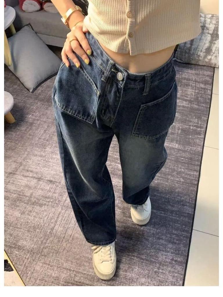 Women's High-Waist Blue Wide-Leg Jeans - Trendy Autumn Design, Slim Fit, Straight Drape Mopping Style