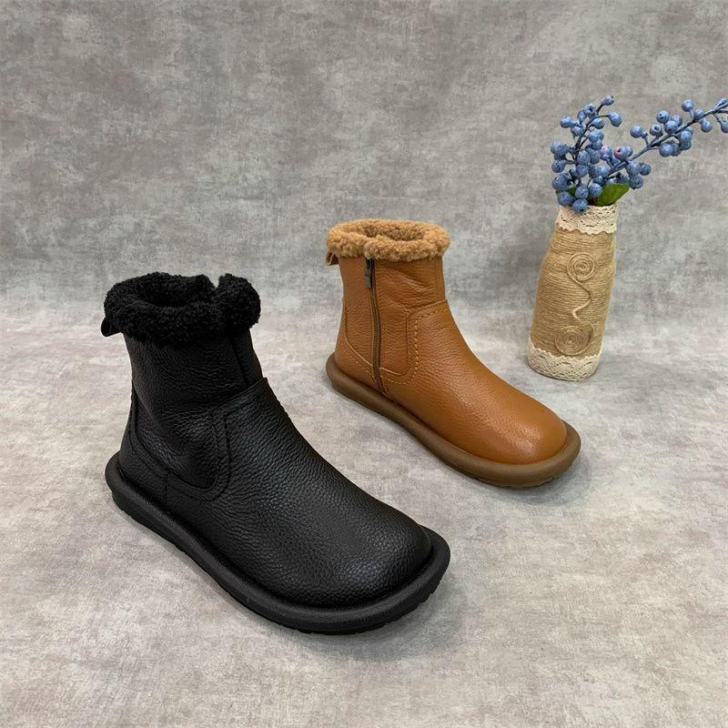 Flat Bottom Round Head Retro Zipper Snow Boots Women's Autumn and Winter New Velvet Thickened Fur Warm Integrated Short Boots