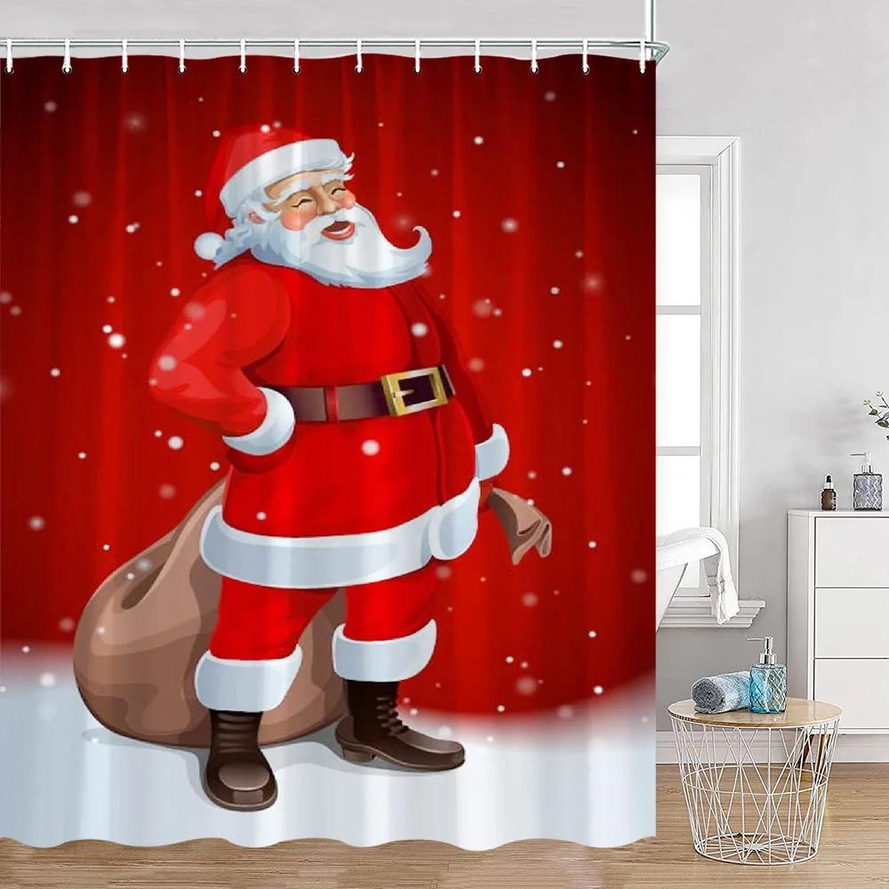 Santa Claus Christmas Red Shower Curtain Happy New Year Gifts Deer Bathroom Decor Winter Holiday Polyester Fabric Bath Curtain