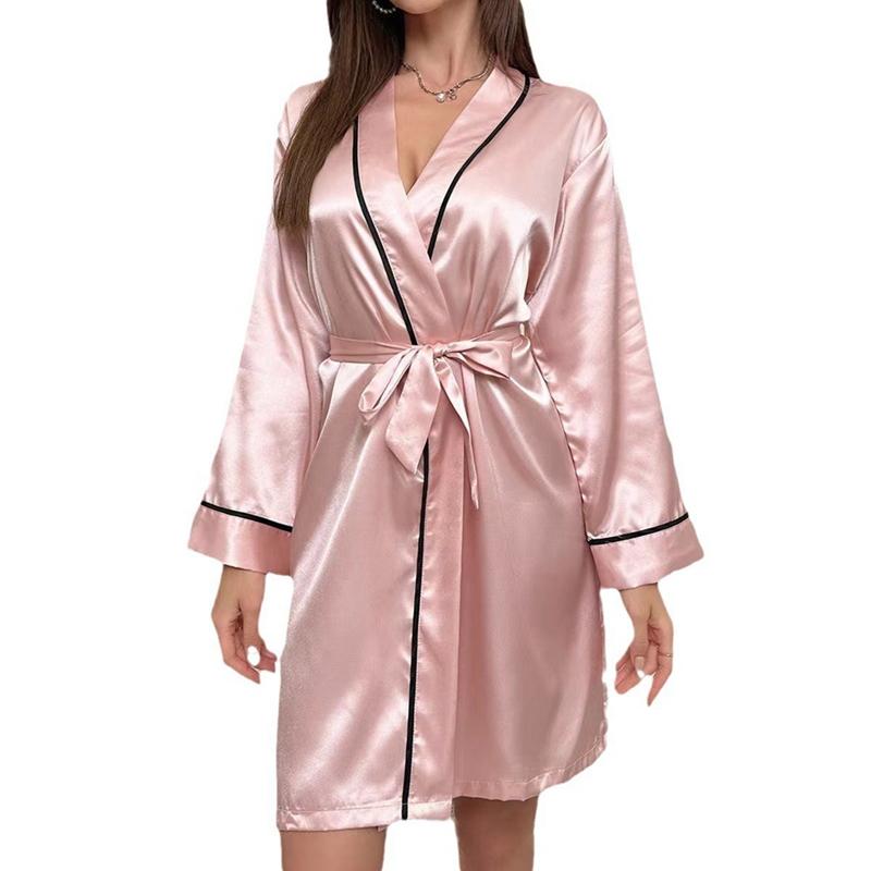 Women's Faux Silk Long-sleeved Gown Casual Comfort Bathrobe Loungewear Pajamas