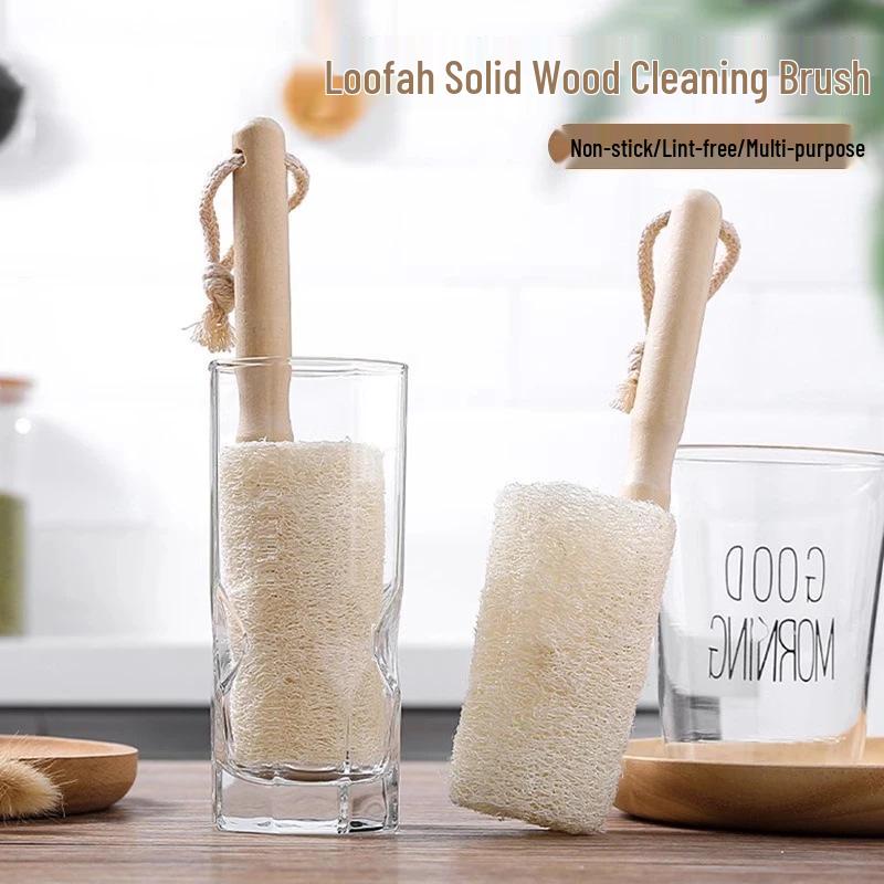 Hanging Wooden Handle Non-Stick Loofah Brush for Cleaning Tea, Glass, and Ceramic Cups