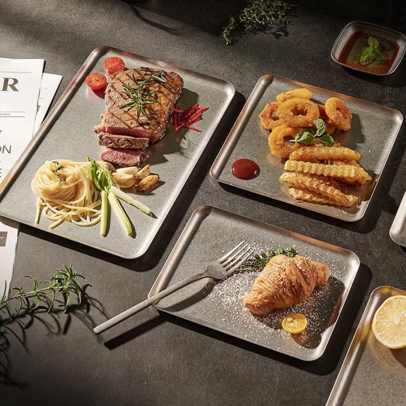 

Высококачественная тарелка для стейка из нержавеющей стали 304, поднос, посуда для барбекю, блюдо для сервировки, подносы для чашек, прямоугольная тарелка для еды, декор