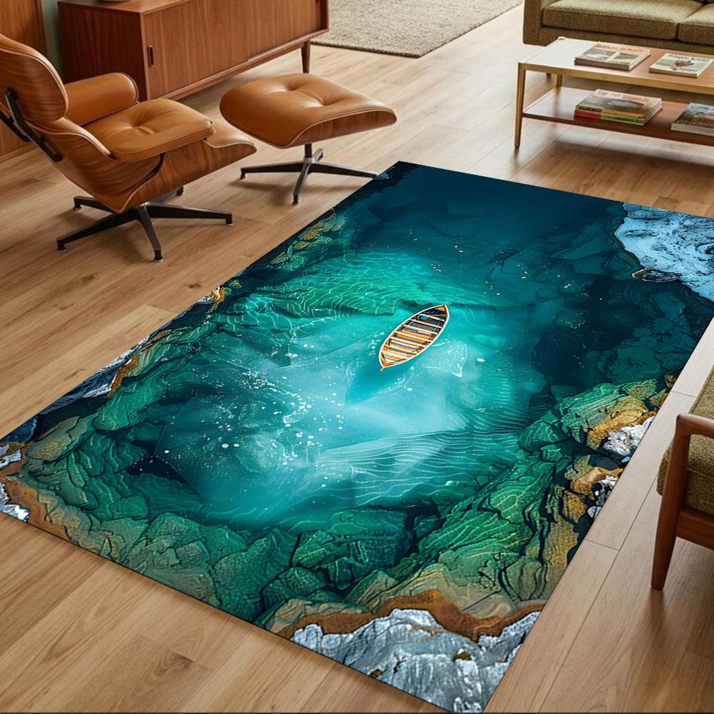 Crystal Clear Lake Boat Non-Slip Home Carpet Design for Office Decor Living Room Gift