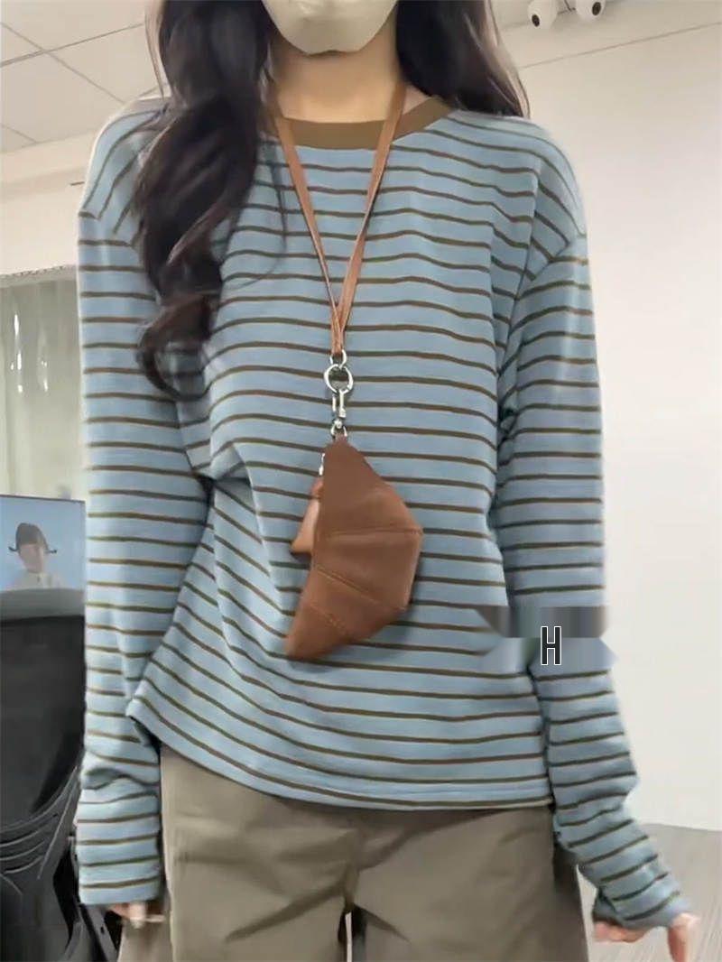 

Women s Autumn Loose Fit Striped Knit Long Sleeve T-Shirt | Versatile Layering Top Small синий