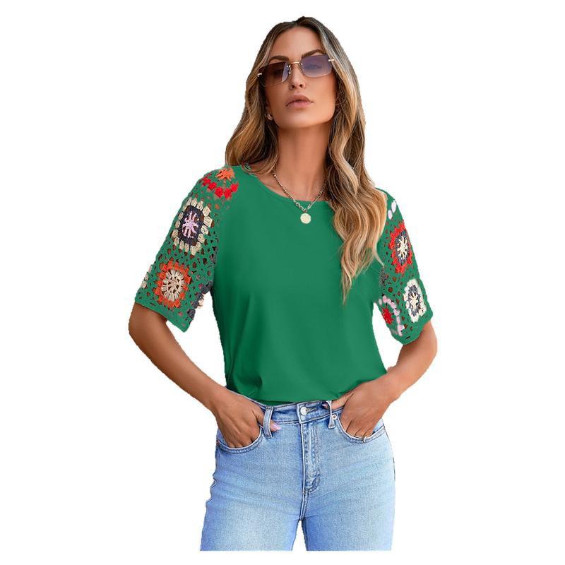 

Women s Short Sleeve Crochet Top with Colorful Geometric Patterns, Casual Summer Blouse XXL