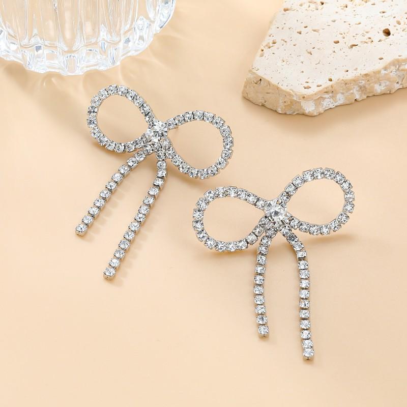 Sparkling Claw Chain Bow Tassel Earrings Women Gold Alloy Stud Drop Wedding Party Jewelry