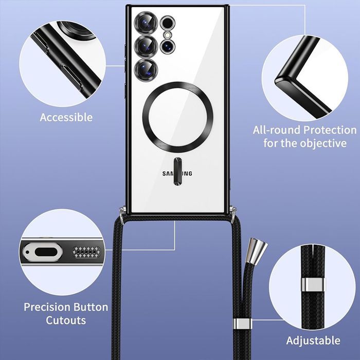 Etui na Samsunga Galaxy S25 Ultra - Silikonowe z Pierścieniem Magnetycznym, Ochroną Aparatu i Sznurkiem - Czarne