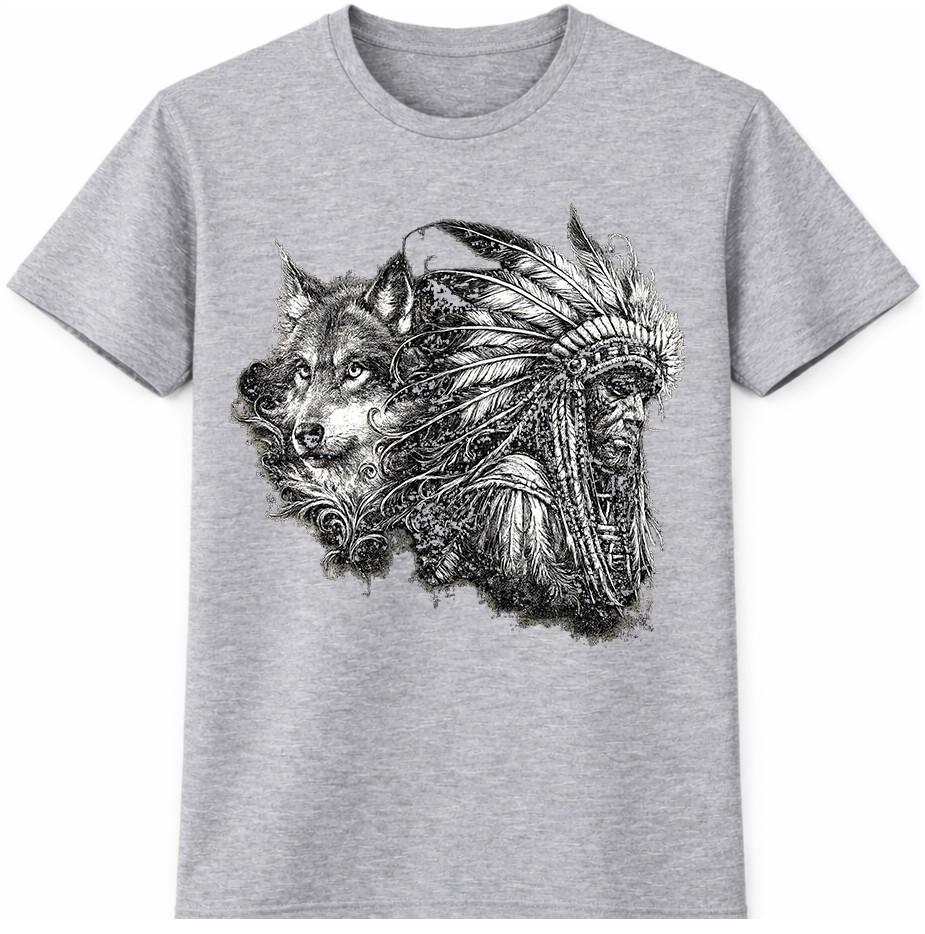 Wolf T-Shirt Tribal Warrior Headdress Native Spirit Animal Tattoo Graphic Tee XS