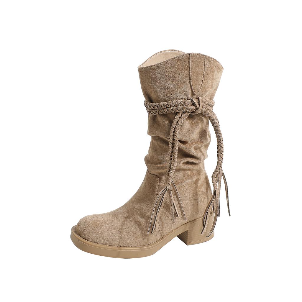 Tassel Hemp Rope Thick Heel Medium Boots Suede Platform Fashion Boots Women's 2025 Autumn New Retro Style Knight Boots