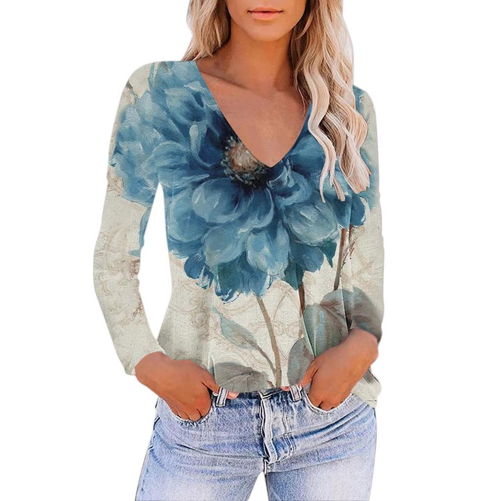 Women's Casual V-Neck Gradient Print Loose T-Shirt Pullover Long Sleeve