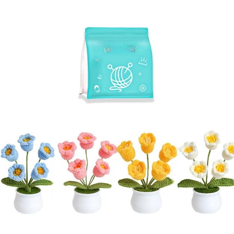 Crochet Flower Set with Step-by-Step Tutorial Instruction Crochet Potted Plant Crochet Knitting Supplies for Beginner