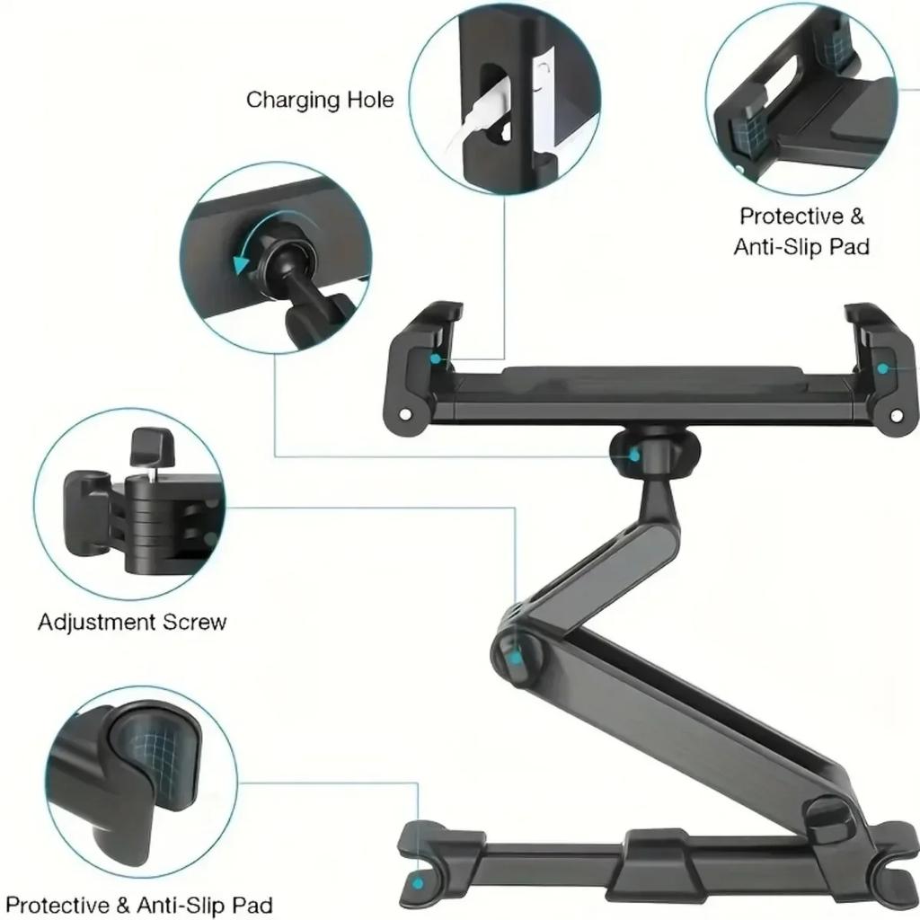 Car Headrest Tablet Holder – 360° Rotating Mount for iPad Mini/Air/Pro & Phones 4.7-12.9" Stand for Desk, Home & Travel Use