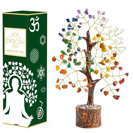 Crocon Seven Chakra Gemstone Tree Feng Shui Figurine Money Bonsai Good Luck Reiki Healing Crystals Wealth Room Table Décor