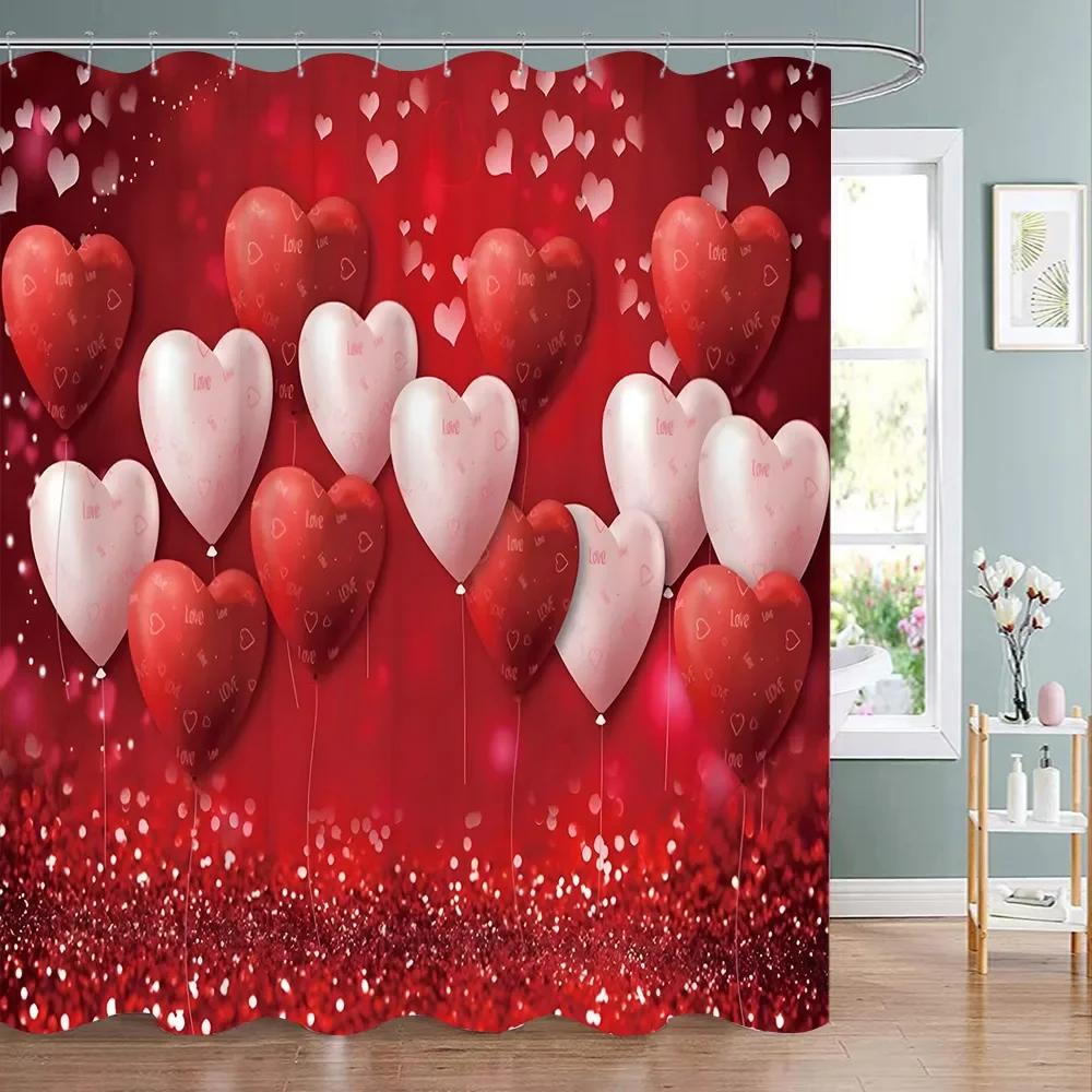 Valentine's Day Red Rose Shower Curtain Pink Red Love Tree Flower Polyester Fabric Washable Hanging Curtains Bathroom Decoration