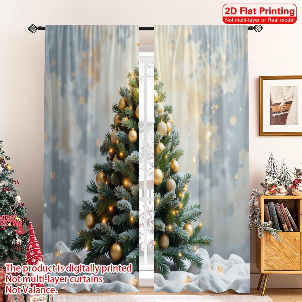 

2pcs 2D flat printing Christmas Scene Curtain Golden Star Christmas Tree 100% Polyester Without Electricity Festive Curtains 52.50×116.00 CM 2pcs