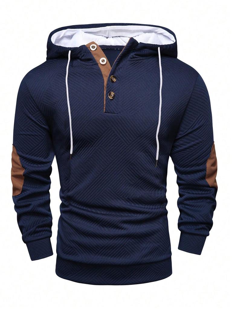 Men's Solid Color Jacquard Hooded Sweatshirt - Autumn/Winter European American Style, Loose Fit Casual Outerwear