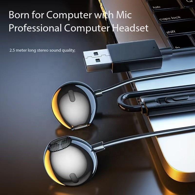 Factory Plug and Play In Ear Wired USB Headset Gaming Headphones Connect with Mic and Volume Control Earphone