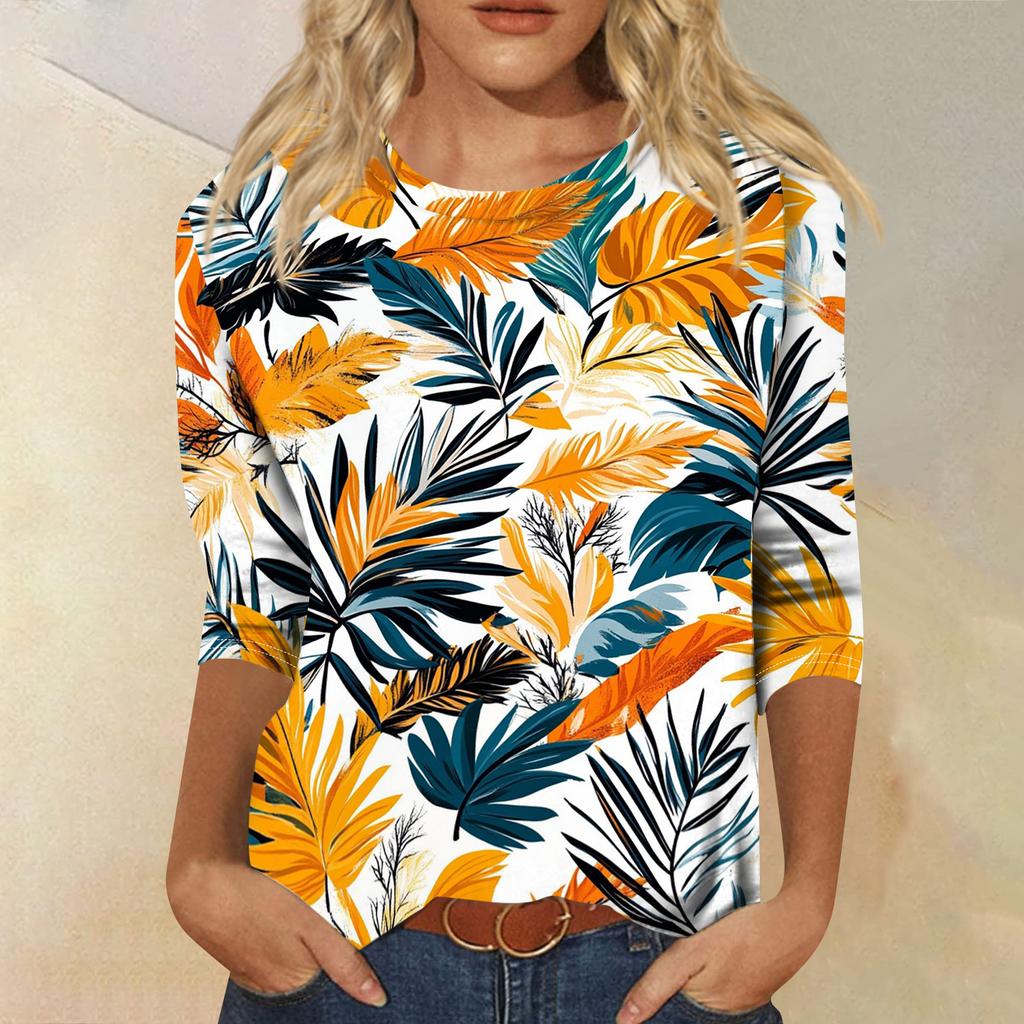 Módní vintage top s 3/4 rukávem pro ženy, dámská ležérní halenka s tříčtvrtečním rukávem a kulatým výstřihem s potiskem