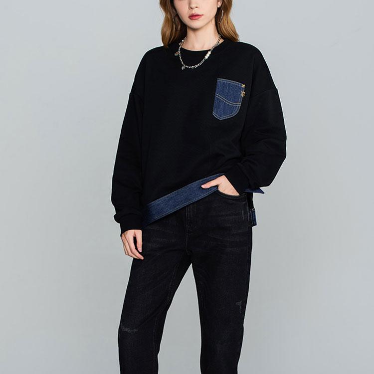 Lee Denim Patchwork Round Neck Pullover Sweatshirt Women Sweatshirt Black LWT004232CUH00F-K11000