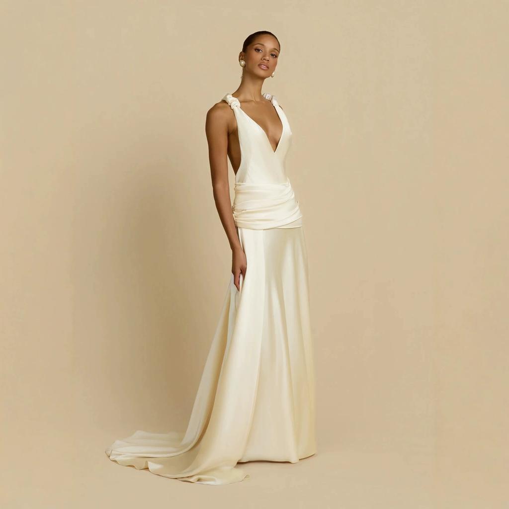 Suspender British European and American style backless long dress skirt women's deep V slim mopping wedding main yarn banquet temperament