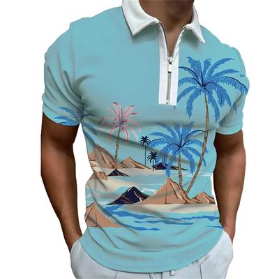 Modisches und atmungsaktives Sommer-Poloshirt mit Strand-Print, personalisiert, Streetstyle, kurzärmelig, mit Reißverschluss und Reverskragen für Herren, Herrenbekleidung
