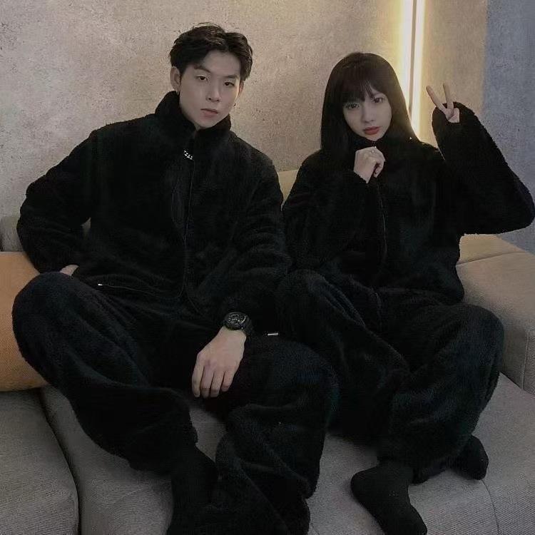 Polka Dot Coral Fleece Couple Pajamas Set Winter Zipper Flannel Men'S Loose Casual Loungewear Girls