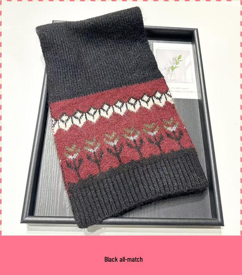 2025 Women's Retro Wool Jacquard Knit Scarf - Cozy, Versatile Winter Neck Warmer with Korean Style for Christmas and Autumn