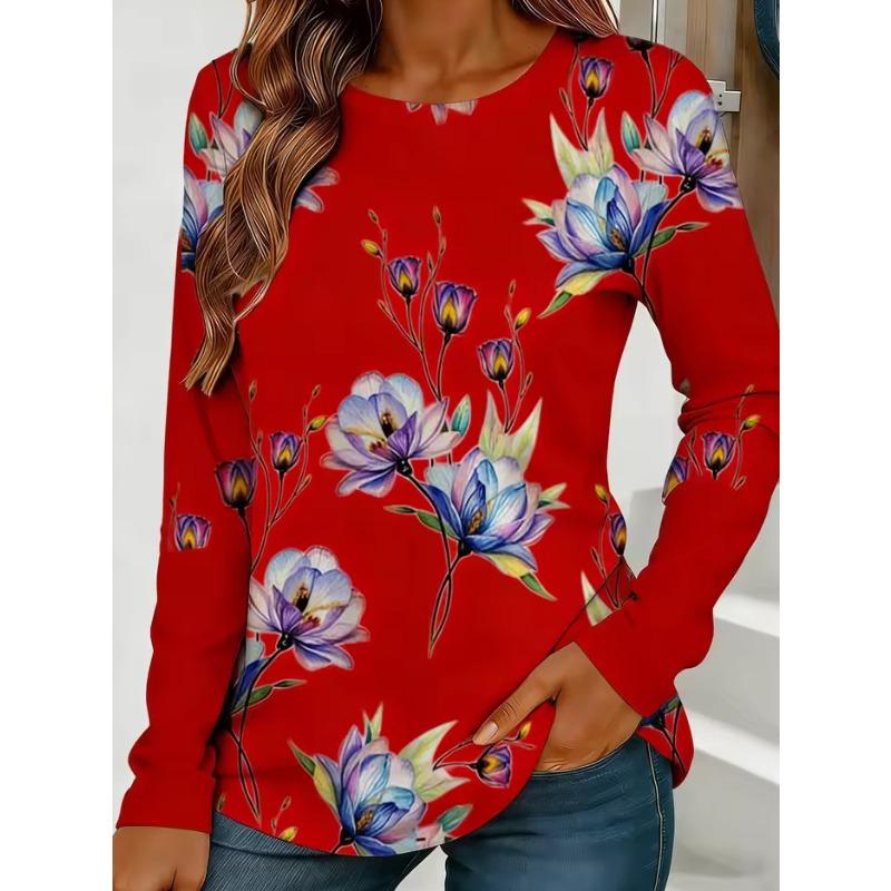 Women' 3D Floral Print T-shirt O Neck Long Sleeved Spring Autumn T-Shirts Fashion Loose Casual Retro Tops
