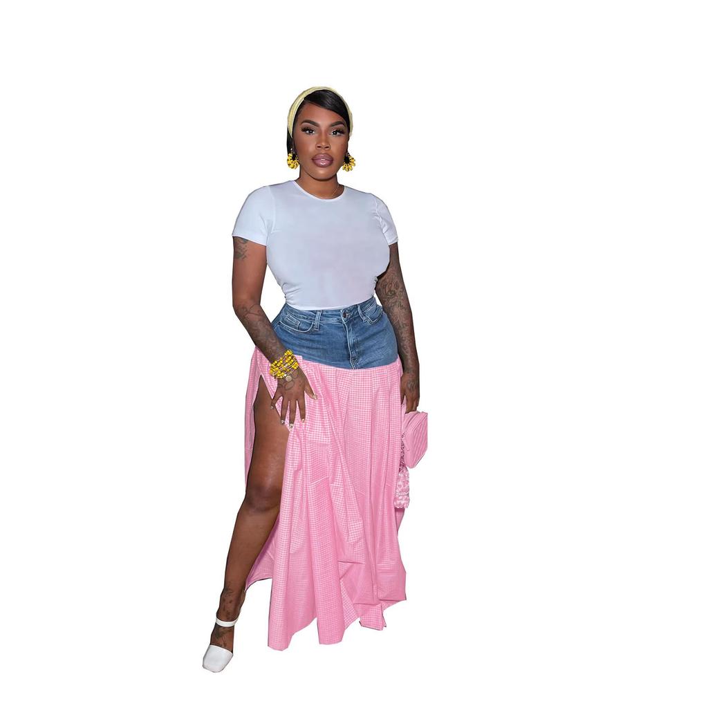 TW738 European & American Cute Fashion Spicy Girl High-Waisted Plaid Denim Patchwork Skirt