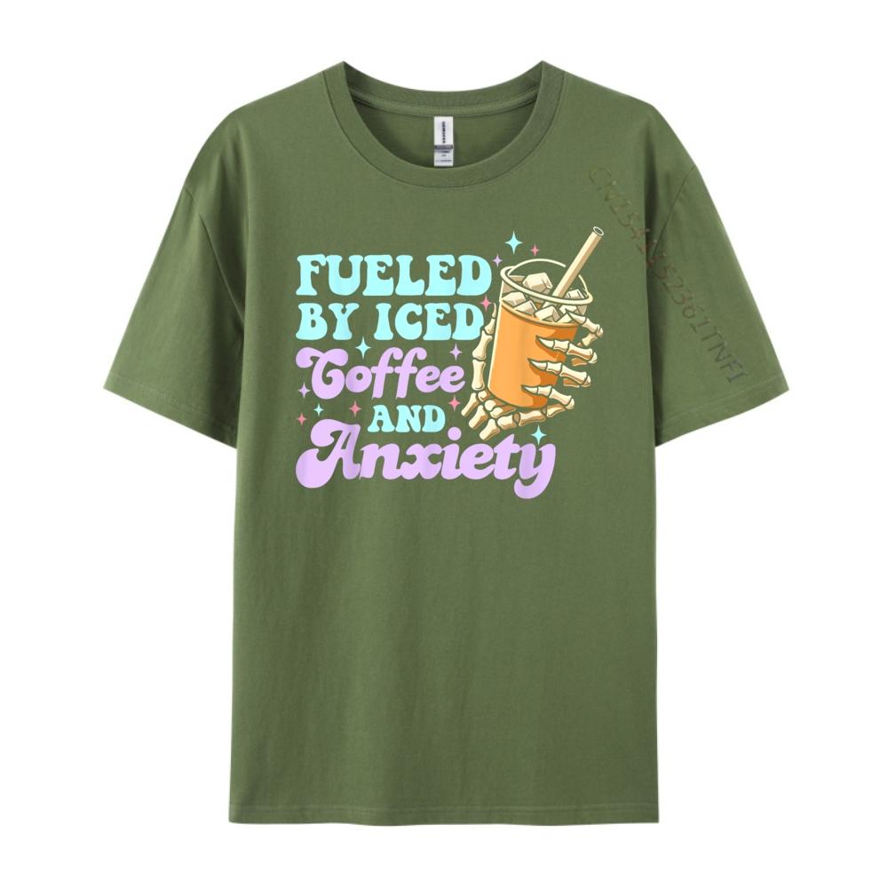 Fueled By Iced Coffee And Anxiety Coffee Lover Mens Designer T Shirt Male High Quality T Shirt for Men Printed