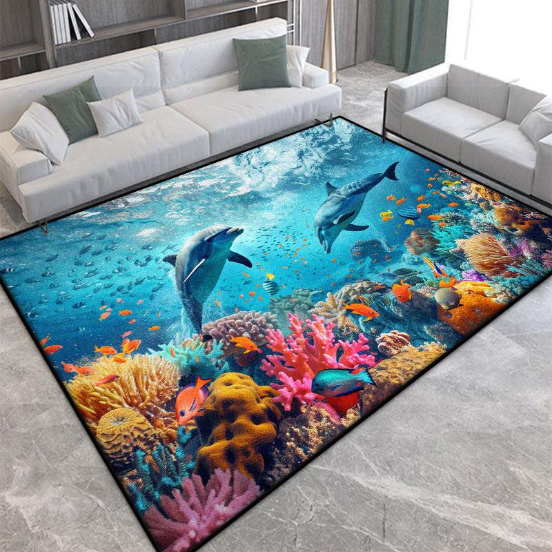 Modern 3D Seabed Large Living Room Rug Non-slip Room Decoration Rug Lint-free Easy Cleaning Entrance Door Mat Machine Washable