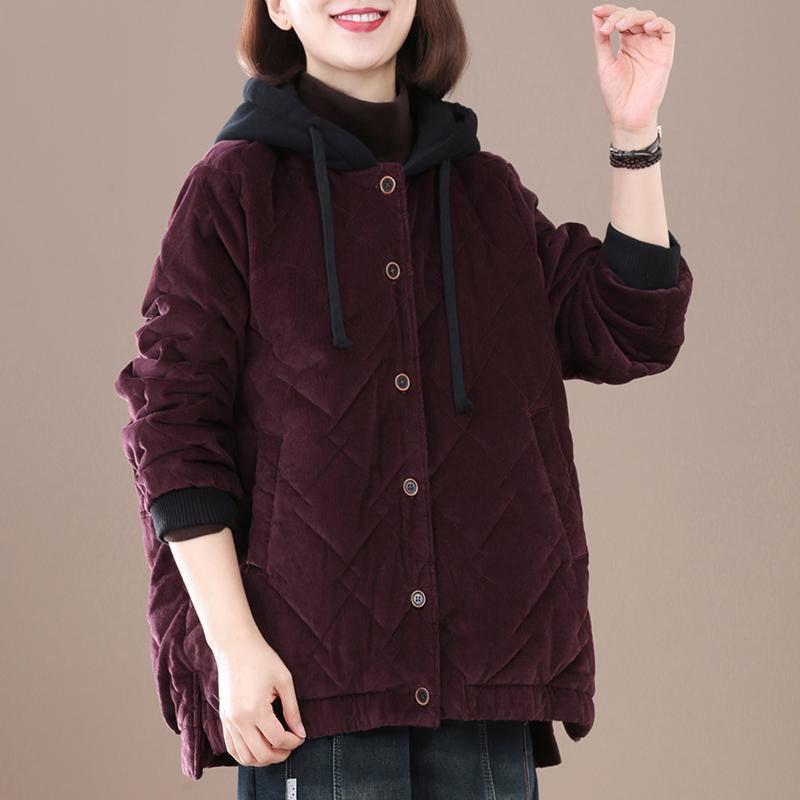 2026 Retro Plus Size Corduroy Jacket: Women s Fashionable Velvet-Thick Hooded Coat L вино красного