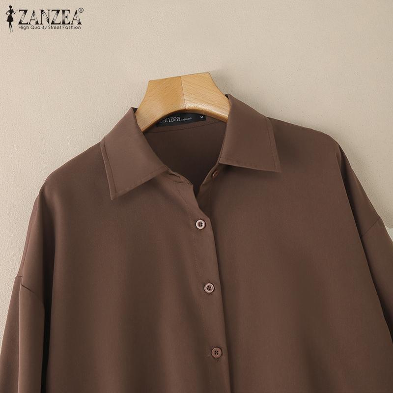 ZANZEA Damska bluzka z kołnierzykiem typu „knebel” i luźnym, swobodnym długim rękawem