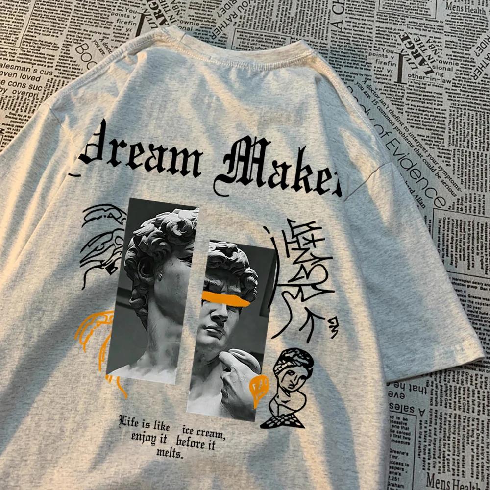 Dream Maker Brave Sculpture Pattern Clothing Men Vintage Cotton Streetwear Couple O-Neck T-Shirts Solid Color Summer Tops