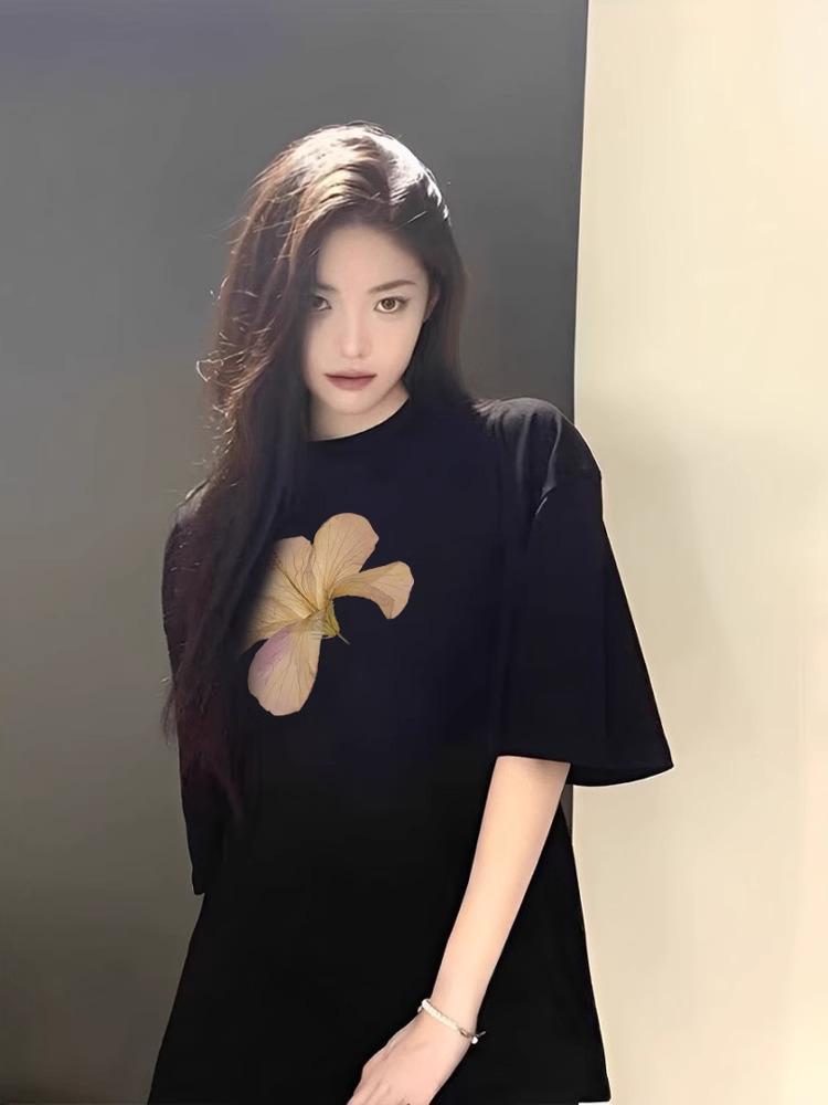 Women's 300 Jin Black Short-Sleeve Retro Oversized T-Shirt, Loose Fit, Trendy National Tide, 2025 Summer Collection.