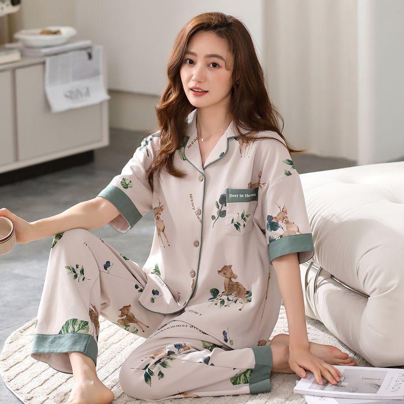 Pajamas women's summer cotton short-sleeved trousers cardigan sweet high-value loungewear set