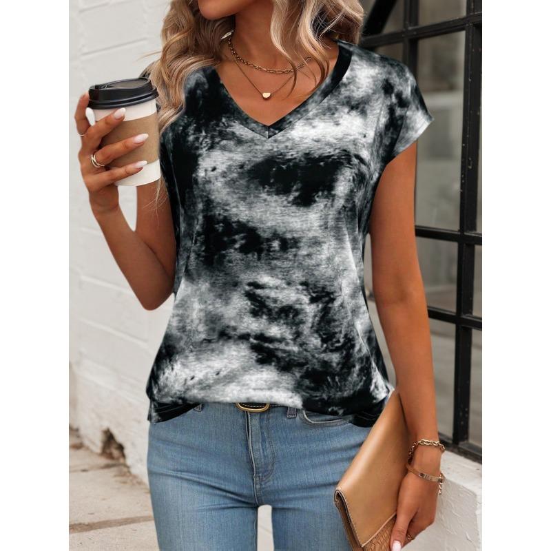 Moyun Summer Style Women s V-neck tie-dye printed loose casual T-shirt S